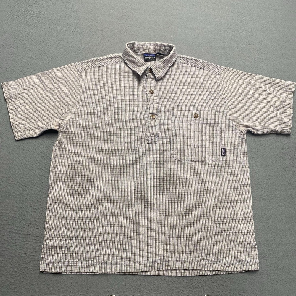 Patagonia Shirt Mens Small Beige Check Short Sleeve Button Front Organic Cotton